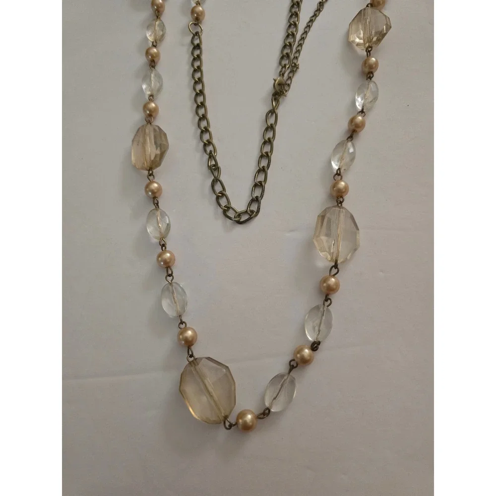 Champagne Faceted Bead Long Station Necklace Brass Tone long length